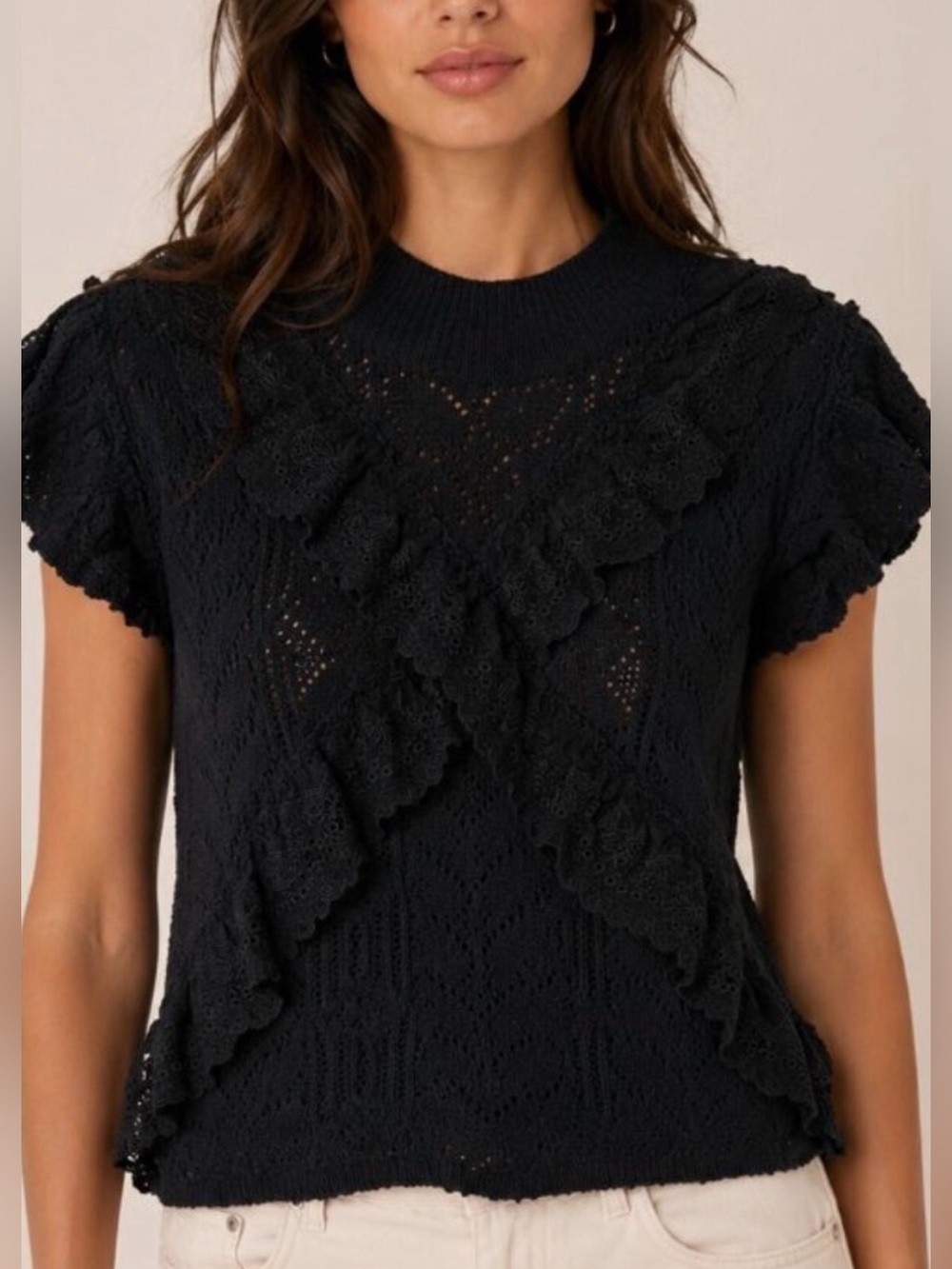 Zara Black Ruffle Short Sleeve Knit Top